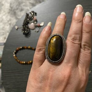 Sterling-Style Tiger's Eye Oval Statement Ring - Brown